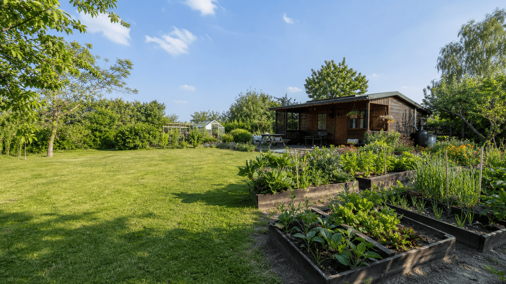 Private garden plot with a summer cabin, lawn and vegetable beds