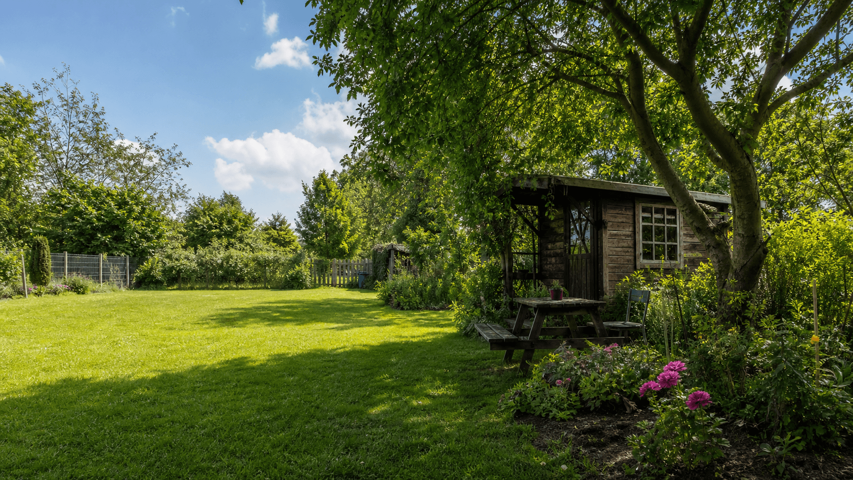 Private garden with a larger summer cabin and vegetable beds